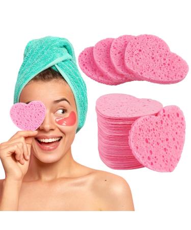 60-Count Compressed Facial Sponges for Cleansing Heart Shaped Face Sponges Washing Heart Face Exfoliator Sponge 100% Natural Reusable Heart Facial Sponge for Estheticians Cosmetic Spa Disposable |Pink