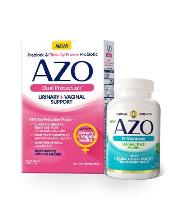 AZO Dual Protection, Urinary + Vaginal Support, Prebiotic Plus Clinically Proven Womens Probiotic (30 Count) + D-Mannose for Urinary Tract Health (120 Count) Dual Protection + D-Mannose