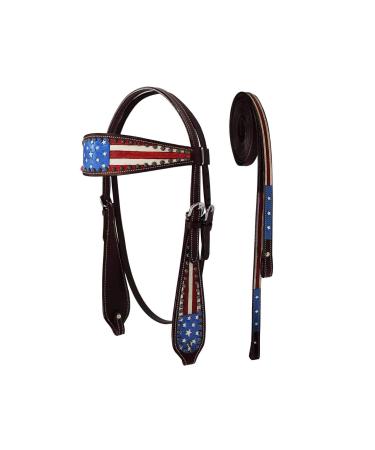 Tahoe Tack Patriotic Hand Painted American Flag Western Browband Headstall with Matching Reins Full