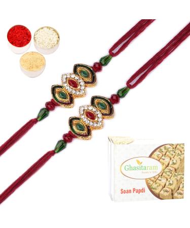 Ghasitaram Gifts Rakhi for Brother Rakhis Online - Set of 2-J-5429 Jewel Rakhis with 200 GMS of Soan Papdi Set of 2 Rakhis with 200 gms of Soan Papdi