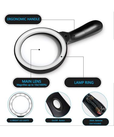 HYOIIO 10x Magnifying Glass with Light  Lighted Magnifying Glass 10X with 12 LED Lights for Seniors Kids- Large Magnifying Glass for Reading  Inspection  Coins  Jewelry  Explorin 10x-black - Buy Online on GoSupps.com