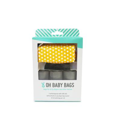 Oh Baby Bags Yellow Dot Dirty Diaper Bag Dispenser, Clip On Bag Holder Attaches to Any Diaper Bag, 48 Count Large Tie Handle Bags Yellow/White Dot