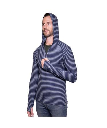MERIWOOL Mens Base Layer Hoodie Lightweight Merino Wool Long Sleeve Thermal Blue Sea Stripe X-Large