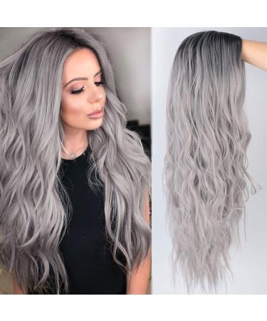 ColorfulPanda Ombre Grey Long Wigs for Women with Dark Roots Black Long Wavy Curly Wig Cosplay Party or Daily Use Ombre Gray