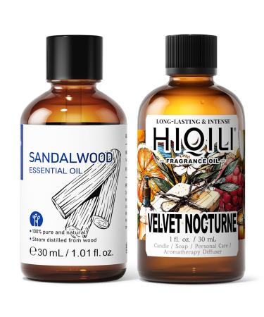 HIQILI 30ML Sandalwood Essential Oil & 30ML Velvet Nocturne Fragrance Oil for DIY Diffuser