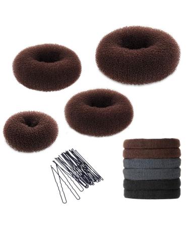 Hair Bun Maker Kit, YaFex Donut Bun Maker 4 Pieces(1 Large, 2 Medium and 1 Small), 5 Pieces Elastic Hair Ties, 20 Pieces Hair Bobby Pins, Brown A-Brown