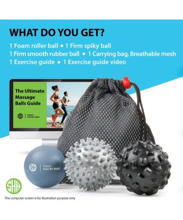 Massage Ball Set for Deep Tissue Relief - Spiky & Foam Roller for Muscle Recovery, Myofascial Release & Trigger Point Therapy - Includes Free eBook (Black/Dark Gray/Gray) - Buy Online on GoSupps.com