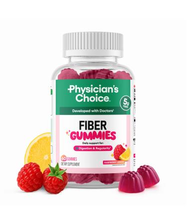 Physician s Choice Fiber Gummies for Digestive Health & Regularity - Raspberry Lemon Flavor - No Sugar Added & Vegan - Natural Chicory Root Prebiotic Fiber - Daily Gummy for Adults Women & Men - 60CT Fiber Gummies 60 Count