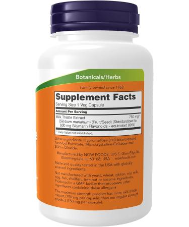 NOW Milk Thistle Extract 750mg Extra Strength - 90 Veg Capsules, Silymarin 600mg - Buy Online on GoSupps.com