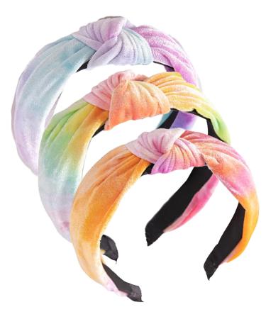 Knot Headbands for Women - Girls Soft Velvet Head Band Tie Dye Wide Knotted Turban Hair Accessories 3 Pack Pack of 3 colors One size
