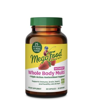 MegaFood Whole Body Womens Multivitamin - Multivitamin for Women - Vitamin D3 K2 Magnesium Citrate Folate Biotin Iron - Brain Heart Skin & Hair & Immune Support - 60 Capsules 30 Servings