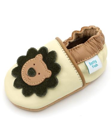 Dotty Fish Soft Leather Baby Shoes for Boys. Toddler Shoes. Non Slip. Animal Designs for Boys and Girls. 0-6 Months - 4-5 Years 6-12 Months Cream and Brown Lion