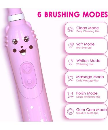 Kids Sonic Electric Toothbrush | Rechargeable Smart Toothbrush for Children | 6 Modes, 30s Reminder, 2 Mins Timer | Toothbrush for Toddlers Boys Girls Age 3-12 | Includes 6 Brush Heads & Wall-Mounted Holder | Pink - Buy Online on GoSupps.com