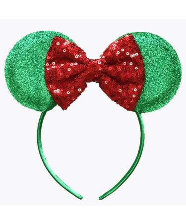 Hair Hoop with Mouse Ears Glitter Mouse Ears and Sequin Headband Women or Girls Butterfly Birthday Party Holiday Park Photo Supply Headbands (Green+Red bow) Green Red