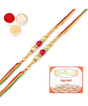 Ghasitaram Gifts Rakhi for Brother Rakhis Online - Set of 2 - Nbh242 Fancy Thread Rakhi with 200 GMS of Kaju katli