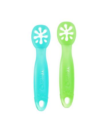ChooMee Baby Spoons FlexiDip| Baby Led Weaning | Dip and Catch Purees | Pediatrician Approved Stage One Learning Utensil 100% Silicone Chew Friendly Material BPA Free | 2 CT | Aqua Green