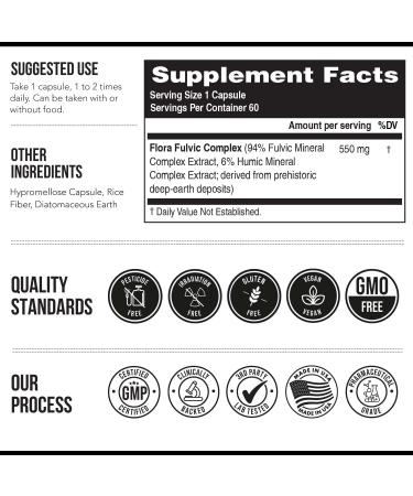 Flora Fulvic | Fulvic Acid + Humic Acid Complex 550 mg |Mined in Utah Prehistoric Deep Earth Extract | Immunity Gut Digestion Natural Trace Mineral Complex Fulvic Acid Supplement 60 Capsules - Buy Online on GoSupps.com