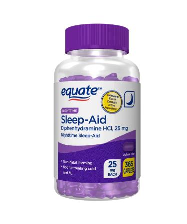 Equate Sleep Aid Diphenhydramine HCl 25mg Caplets for Nighttime Sleep Support 365 Count