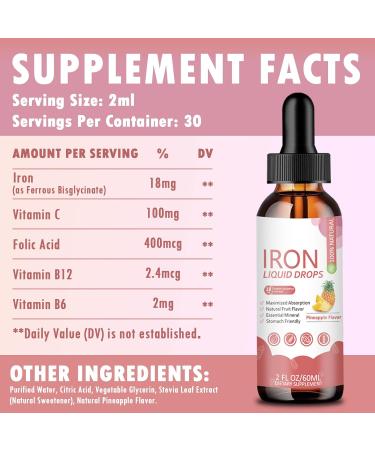 Iron Supplement Liquid Drops - High Absorption Formula with Vitamins C B12 B6 Supports Energy Gentle & Vegan Suitable for Women Men & Children Pineapple Flavor 60 ml 2 Fl Oz (Pack of 1) - Buy Online on GoSupps.com