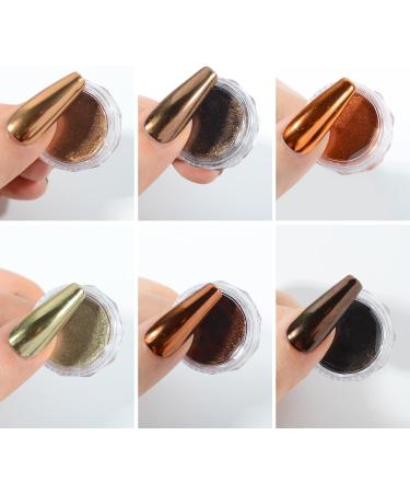 Chrome Nail Powder Set - 6 Metallic Brown Colors for Mirror Effect Manicure | Glitter Dust & Sponge Applicators - Buy Online on GoSupps.com