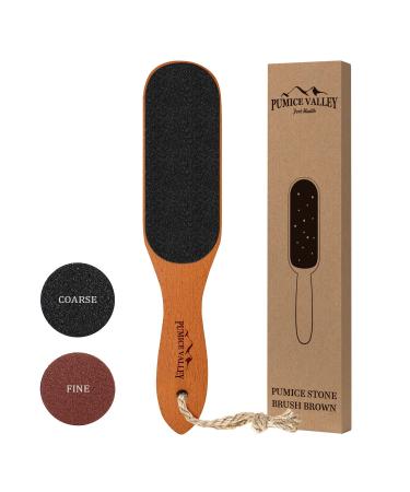 Pumice Stone Foot File - Wooden Pedicure Feet Scrubber with Handle for Callus, Dry, and Dead Skin Removal - Heel Scraper for Feet, Hands, and Body - Foot Filer for Use in Shower Brown