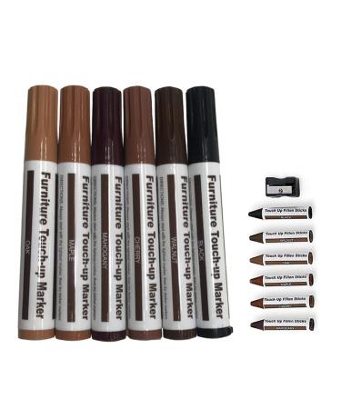 sillervan Furniture Marker pens Scratch Restore Kit 6 Felt Tip Wood Markers 6 Wax Stick Crayons Colors: Oak Cherry Walnut Maple Mahogany Black Compatible