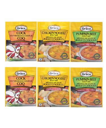 Grace Soup Mix Variety Sampler Pack of 6 - Pumpkin Beef Soup 1.76 oz (50 g) Cock Soup1.5 oz (43 g) Chicken Noodle Soup 2.11 oz (60 g)