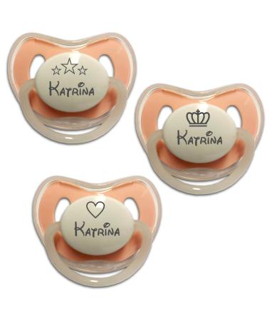 Pacifier for baby about 6-30 months three-pack 3 pieces with engraving personalizes your text personalize nip made of silicone.Heart crown and star plus name of the child