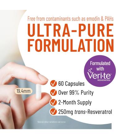Arcwell Ultra Pure 99% Trans-Resveratrol 250 mg per Capsule - 60 Vegetable Capsules | High Potency Antioxidant | Highly Bioavailable - Buy Online on GoSupps.com