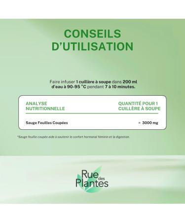 Sauge Feuilles Coup es 100 g Plante pour Infusion Bien- tre | Favorise la Digestion Contribue l quilibre F minin & Soutient les D fenses Naturelles | Conditionn e en France RUE DES PLANTES - Buy Online on GoSupps.com