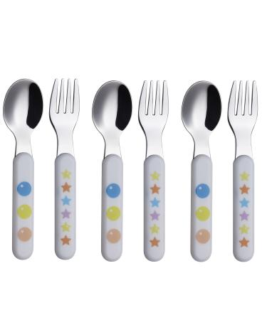 EXZACT Kids Cutlery 6pcs Stainless Steel 18/10 Toddler Children's Cutlery - 3 x Forks 3 x Spoons - BPA Free - Dishwasher Safe - Stars & Dots 3 Forks + 3 Spoons