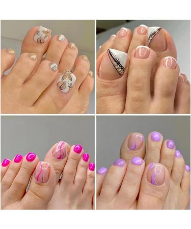 Press On Nails 24P Fake Toenails With Glue French Line Glitter False Toe Nails Art Detachable Press On Toenails Acrylic Butterfly ToeNails Tips False Nails(Color1) - Buy Online on GoSupps.com