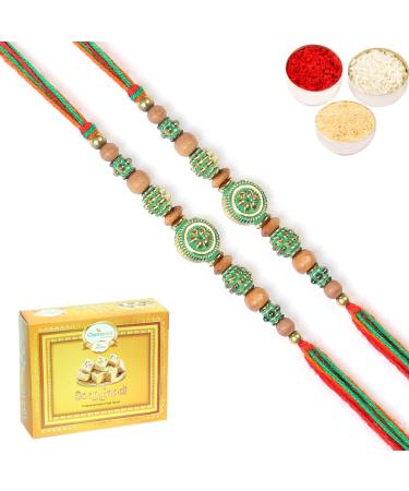 Ghasitaram Gifts Rakhis Online for Brother- Set of 2 - L-1 Rakhi Thread with 400 GMS of Soan Papdi Set of 2 Rakhis with 400 gms of Soan Papdi