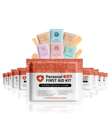 Personal First Aid Kit- 10 Pack | Clean Treat Protect Minor Cuts Scrapes and Burns | Perfect for Home Office Car School Business Camping | Individually Wrapped First Aid Products (Orange)