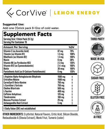 CorVive Energy | Natural Energy & Focus Supplement | with Carnosyn Ashwagandha L-Arginine Theobromine | Zero Sugar 5 Calories 120mg Caffeine | 15 Stick Packs for Mental & Physical Boost | Lemon - Buy Online on GoSupps.com