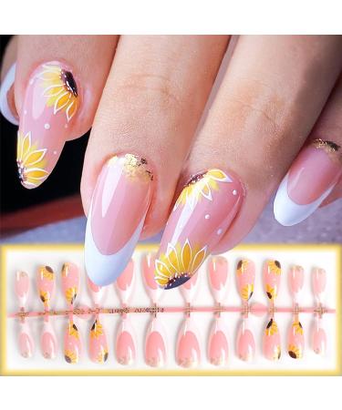 Sunflowers Press on Nails - Medium Almond Glossy White French Tips | 24Pcs Acrylic False Nails with Gold Foil for DIY Manicure - Buy Online on GoSupps.com