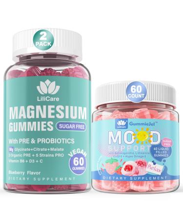 LILICARE 2 Pack Sugar Free Triple Magnesium Gummies 400mg + Natural Relax Calming Gummies for Mood Support