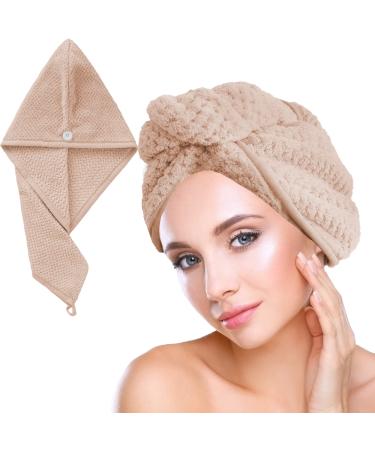 Hair turban turban towel with button microfiber towel for head and long hair (brown)