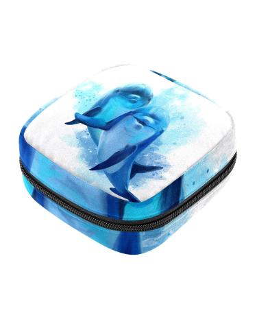 Sea life two blue dolphins watercolor illustration women binding storage bag menstruation pad bag Pockable menstrual cup pocket with zipper for teenagers girls women women