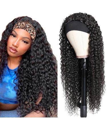 NICMISS Deep Wave Headband Wig Human Hair 16 Inch Curly Headband Wigs for Black Women Human Hair Glueless None Lace Front Wig Brazilian Virgin Hair Wear and Go Wigs 150% Density Natural Black Color 16 Inch Black