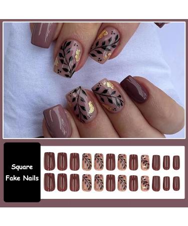 Buy MISUD Short Square Press on Nails - Glossy Brown Acrylic Fake Nails with Gold Foil Design | 24 Pcs - Perfect for Autumn & Fall Style - Buy Online on GoSupps.com