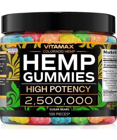 Vitamax Natural Hemp Gummies - Sugar Bears - Helps Support Rest & Relaxation - Assorted Natural Sweet Fruit Flavors - Made in USA - Calming Gummies - 100ct