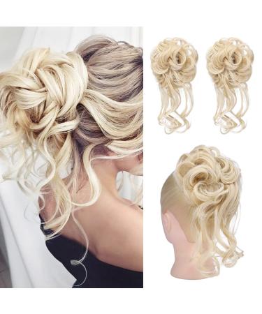 HOOJIH Messy Bun Hair Piece, 2PCS Tousled Updo with Tendrils Hair Bun Extensions Wavy Curly Hair Wrap Ponytail Hairpieces Thick Hair Scrunchies for Women Girls - Cool Light Blonde 2 Pack Cool Light Blonde