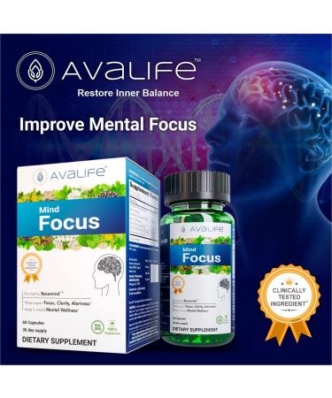 Avalife Mind Focus Brain Booster Capsules (60 Count) | Mental Clarity, Focus & Energy Supplement with Ashwagandha & Bacopa | Gluten-Free, Vegetarian, Non-GMO | 30-Day Supply - Buy Online on GoSupps.com