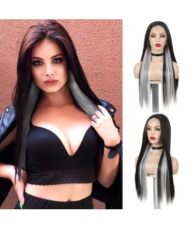 Wig for women Fuhsi 22 inch Lace Front WIG's middle parting naturally looking ladies wigs 22 inch/56cm can curly for daily/perpetrating party (black+silver) 2hesilver