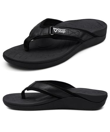 V.Step Adjustable Orthopedic Flip Flops with Arch Support for Women Men  Orthotic Leather Thong Sandals Plantar Fasciitis Flipflops  Black M10/W11 11 Women/10 Men Black