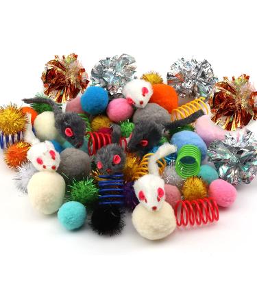 PietyPet 60 Pack Cat Toy Set: Spiral Springs, Sparkle Balls, Crinkle Balls, Mouse Toy, Springs, Pom Pom Balls - Buy Online on GoSupps.com