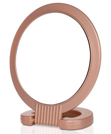 Double Sided Magnifying Mirror - Vanity Round Makeup Mirror with 1x and 5X Magnification - Mirror Stand with Adjustable Handle - Light  Compact Mirror - Standing Mirror for Travel (Rose Gold)