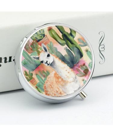 Round Pill Box - White Alpaca Watercolor & Cactus Print | 3 Compartment Portable Pill Organizer - Decorative Metal Pocket Pill Case for Medication - Buy Online on GoSupps.com