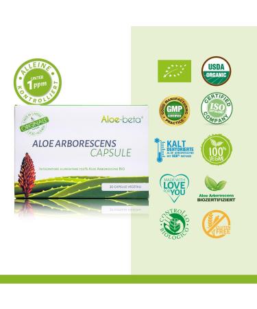 Organic Aloebeta Aloe Arborescens Capsules - 100% Pure Aloe Vera - Made in Italy - Non-GMO Dietary Supplement - 30 Capsules - No Sweeteners or Preservatives - Buy Online on GoSupps.com